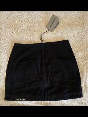 Balenciaga Upside Down Black Denim Mini Skirt with Front Patch Pockets